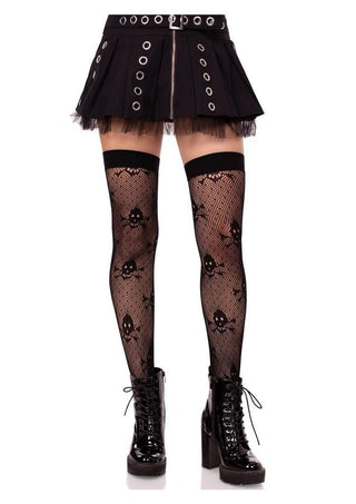 Leg Avenue Dotted Net Skull Thigh Highs - Black - One Size