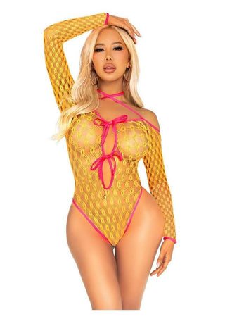 Leg Avenue Eyelet Net Teddy with Tie-Front Keyhole Detail - One Size