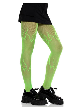 Leg Avenue Flame Net Tights - Neon Green - One Size