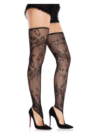 Leg Avenue Floral Net Toe Loop Footless Thigh Highs - Black - One Size