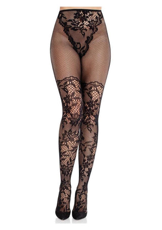 Leg Avenue French Cut Dahlia Lace Tights with Net Thigh Detail - Black - One Size