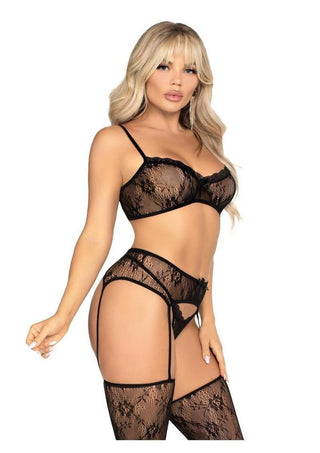 Leg Avenue Lace Bra Top with Mini Bow Detail V-Front G-String and Garter Belt Stockings - Black - One Size