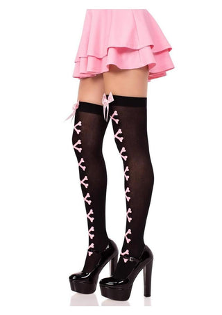 Leg Avenue Opaque Cross Bone Thigh Highs with Satin Bow Accent - Black/Light Pink - One Size