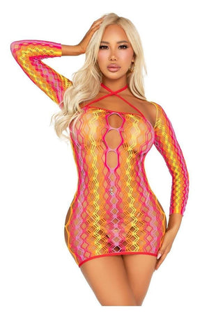 Leg Avenue Zig Zag Net Twist Halter Mini Dress with Keyhole Detail and Shrug - Multicolor - One Size - 2 Piece