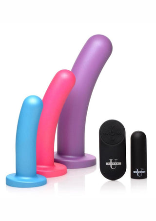 Strap U Triple Peg 28x Vibrating Rechargeable Silicone Dildo Set with Remote Control - Assorted Colors/Multicolor - 5 Piece