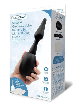 Aquaclean 150ml One Way Valve Douche with Butt Plug Nozzle - Black