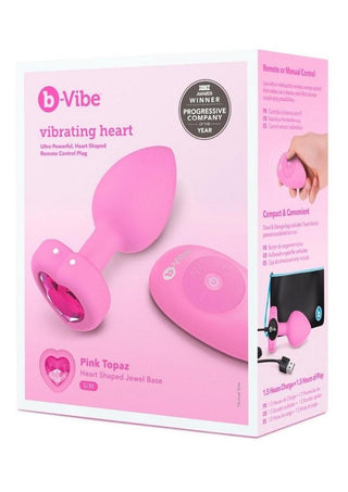 B-Vibe Vibrating Heart Shape Jewel Rechargeable Silicone Anal Plug with Remote - Pink - Medium/Small