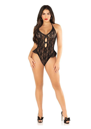 Floral Lace Halter Bodysuit with Mini Bow and Flutter Accent