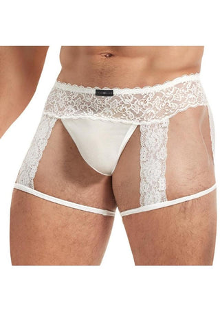 Lace King Men's Lace and Mesh Garter Panty - White - Large/XLarge