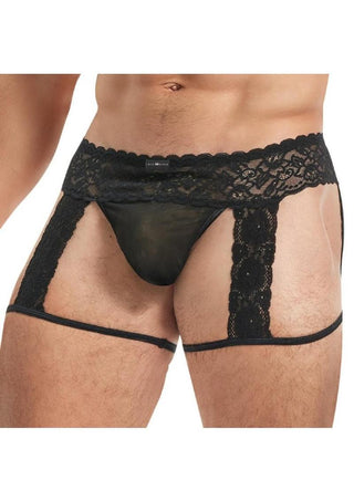 Lace King Men's Lace and Mesh Garter Panty - Black - Large/XLarge