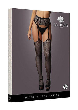 Le Desir Fishnet and Lace Garterbelt Stocking - Black - One Size