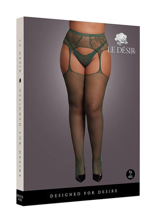 Le Desir Fishnet and Lace Garterbelt Stocking - Green - Queen