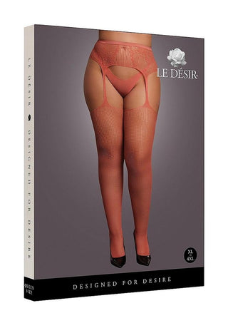 Le Desir Fishnet and Lace Garterbelt Stocking - Queen - Sunset Glow - Orange - Queen