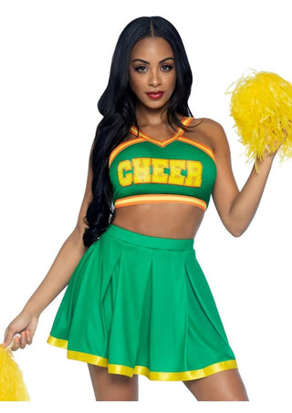 Leg Avenue Bring It Baddie Set Top with Cheer Logo, Pleated Skirt and Pom Pom - Green - XSmall - 3 Piece