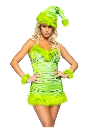 Leg Avenue Christmas Baddie Set Ruched Velvet Dress with Tie Back Halter Straps and Fur Trim, Wrist Cuffs, and Hat - Green - XSmall - 3 Piece