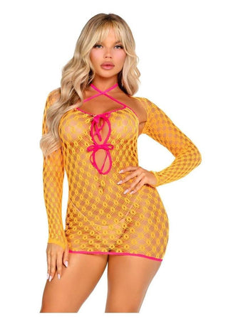 Leg Avenue Eyelet Net Mini Dress with Tie-Front Keyhole Detail and Shrug - One Size - 2 Piece