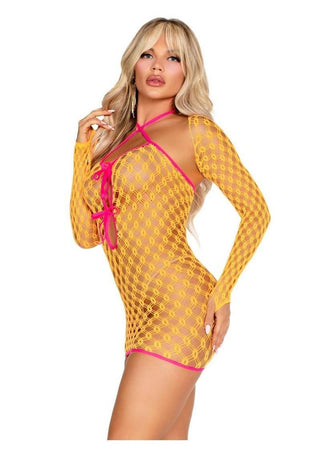 Leg Avenue Eyelet Net Mini Dress with Tie-Front Keyhole Detail and Shrug - One Size - 2 Piece