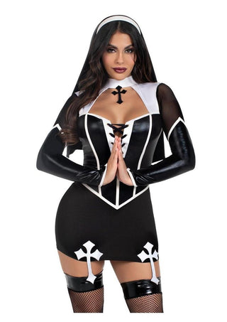 Leg Avenue Holy Hottie Set Boned Garter Dress with Cross Accents and Nun Habit - Black/White - Large - 2 Piece