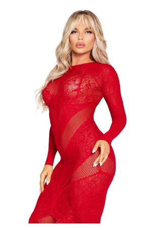 Leg Avenue Lace and Net Body Con Gown with Heart Keyhole Detail - Red - One Size