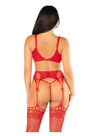 Leg Avenue Lace Bra Top with Dual Strap Detail, G-String Panty and Lace Top Garter Belt Stockings