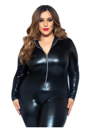 Leg Avenue Lame Zipper Front Cat Suit - Black - 3XLarge/4XLarge