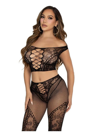 Leg Avenue Net and Lace Off-The-Shoulder Crop Top and Footless Tights - Black - One Size - 2 Piece