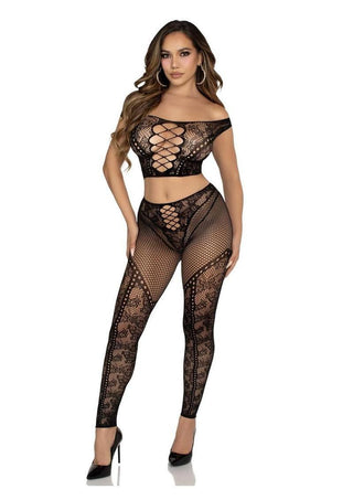 Leg Avenue Net and Lace Off-The-Shoulder Crop Top and Footless Tights