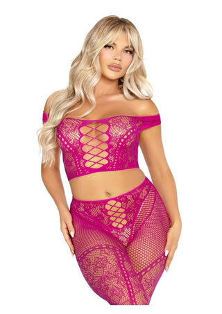 Leg Avenue Net and Lace Off-The-Shoulder Crop Top and Footless Tights - Magenta - One Size - 2 Piece