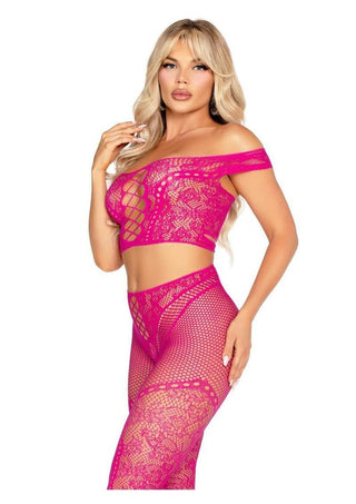 Leg Avenue Net and Lace Off-The-Shoulder Crop Top and Footless Tights - Magenta - One Size - 2 Piece