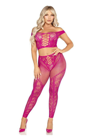 Leg Avenue Net and Lace Off-The-Shoulder Crop Top and Footless Tights