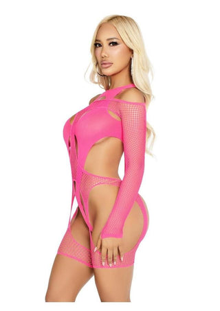 Leg Avenue Off-The-Shoulder Fishnet Garter Harness and Layered Opaque Cut-Out Teddy - One Size - 2 Piece