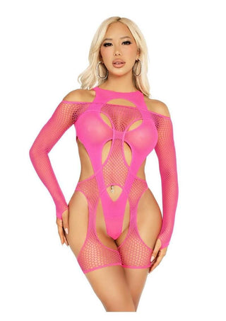 Leg Avenue Off-The-Shoulder Fishnet Garter Harness and Layered Opaque Cut-Out Teddy - One Size - 2 Piece