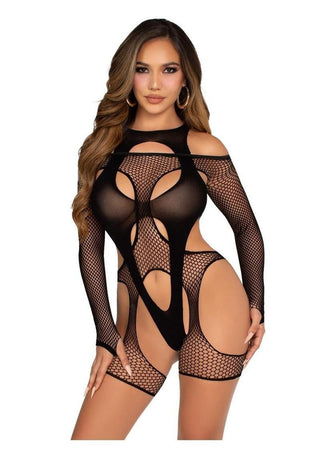 Leg Avenue Off-The-Shoulder Fishnet Garter Harness and Layered Opaque Cut-Out Teddy - One Size