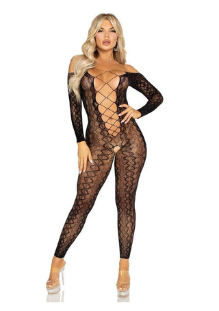 Leg Avenue Python Net Crotchless Footless Lingerie Jumpsuit with Faux Lace Up Detail