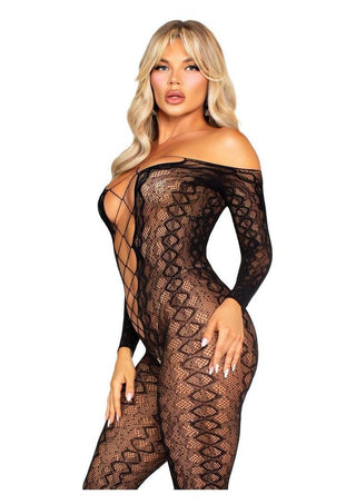 Leg Avenue Python Net Crotchless Footless Lingerie Jumpsuit with Faux Lace Up Detail - Black - One Size