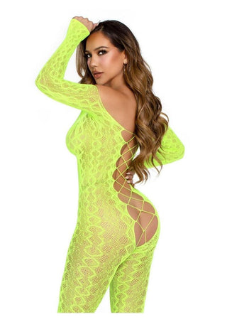 Leg Avenue Python Net Crotchless Footless Lingerie Jumpsuit with Faux Lace Up Detail - Neon Green - One Size