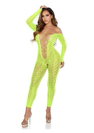 Leg Avenue Python Net Crotchless Footless Lingerie Jumpsuit with Faux Lace Up Detail