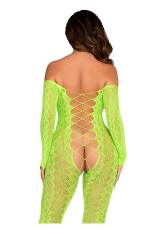 Leg Avenue Python Net Crotchless Footless Lingerie Jumpsuit with Faux Lace Up Detail