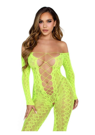 Leg Avenue Python Net Crotchless Footless Lingerie Jumpsuit with Faux Lace Up Detail - Neon Green - One Size