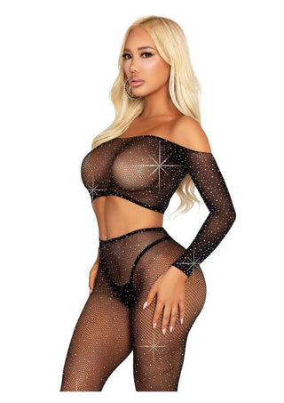 Leg Avenue Rhinestone Fishnet Crop Top and Footless Tights - Black - One Size