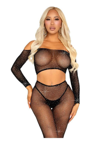 Leg Avenue Rhinestone Fishnet Crop Top and Footless Tights - Black - One Size