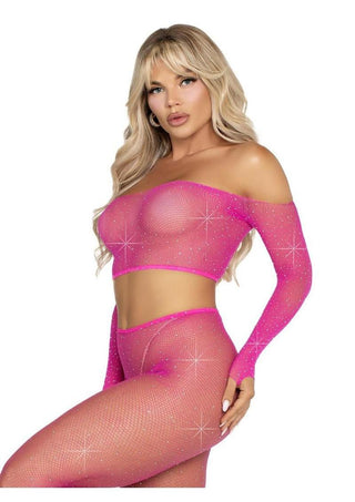 Leg Avenue Rhinestone Fishnet Crop Top and Footless Tights - Neon Pink - One Size