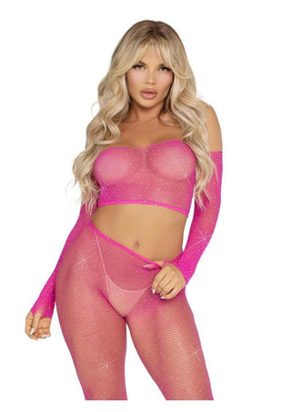 Leg Avenue Rhinestone Fishnet Crop Top and Footless Tights - Neon Pink - One Size