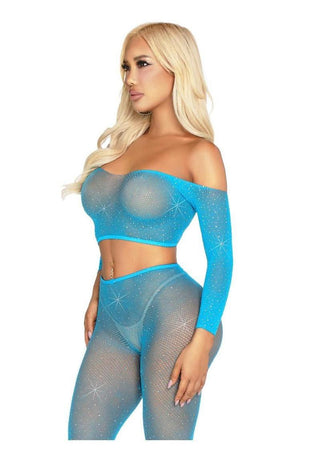 Leg Avenue Rhinestone Fishnet Crop Top and Footless Tights - Neon Blue - One Size