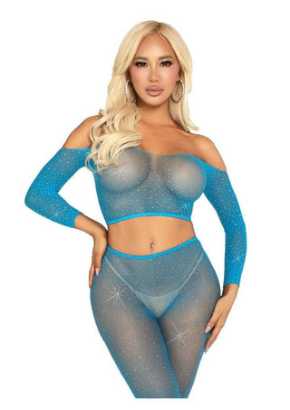 Leg Avenue Rhinestone Fishnet Crop Top and Footless Tights - Neon Blue - One Size