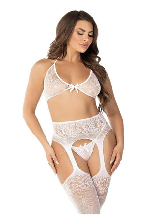 Leg Avenue Rhinestone Lace Bra Top G-String and Fishnet Garter Belt Stockings - White - One Size - 3 Piece