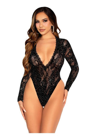 Leg Avenue Rhinestone Lace Deep-V High Cut Bodysuit - Black - One Size