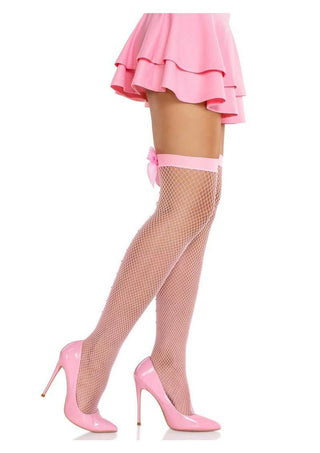 Leg Avenue Satin Bow Top Fishnet Thigh Highs with Rhinestone Backseam - Pink - One Size