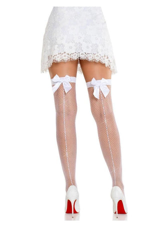 Leg Avenue Satin Bow Top Fishnet Thigh Highs with Rhinestone Backseam