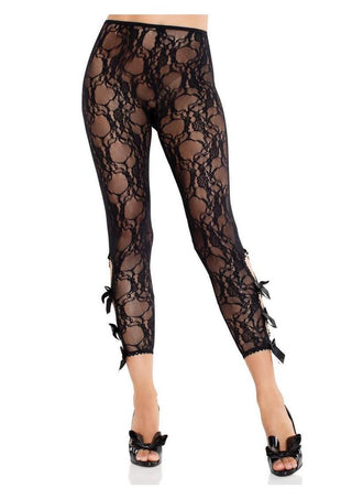 Leg Avenue Scalloped Trimmed Floral Lace Footless Capri Tights with Keyhole Bow Detail - Black - One Size